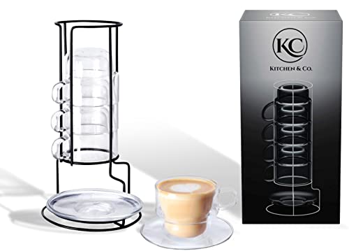 Tazas de doble pared con asa, apilables con soporte y platillos, tazas de espresso, tazas de té y café (4 x 200 ml con plato), vidrio de borosilicato, apto para lavavajillas, hecho a mano