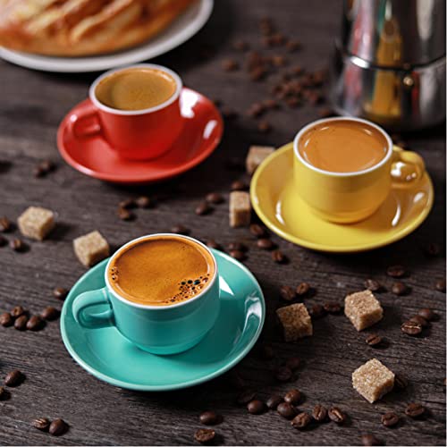 Tazas de Espresso con Soporte - Juego de 6 Tazas de cerámica - Apilables - Con 6 Platos Incluidos - 75 ml - De Colores