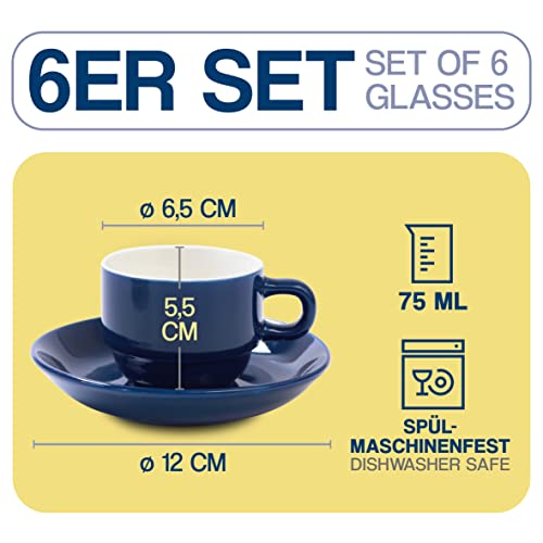 Tazas de Espresso con Soporte - Juego de 6 Tazas de cerámica - Apilables - Con 6 Platos Incluidos - 75 ml - De Colores