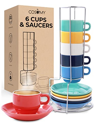 Tazas de Espresso con Soporte - Juego de 6 Tazas de cerámica - Apilables - Con 6 Platos Incluidos - 75 ml - De Colores