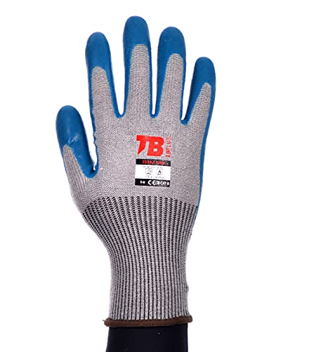 TB Guante de Protección TB 313AZ Grip | Paquete 10 Pares - Guante de Trabajo con Recubrimiento de Látex Azul, Soporte de Algodón-Poliéster y Puño Elástico. Cómodo y Transpirable - Talla 7