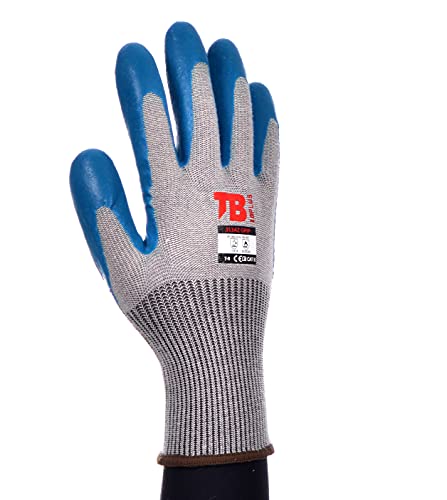 TB Guante de Protección TB 313AZ Grip | Paquete 10 Pares - Guante de Trabajo con Recubrimiento de Látex Azul, Soporte de Algodón-Poliéster y Puño Elástico. Cómodo y Transpirable - Talla 7