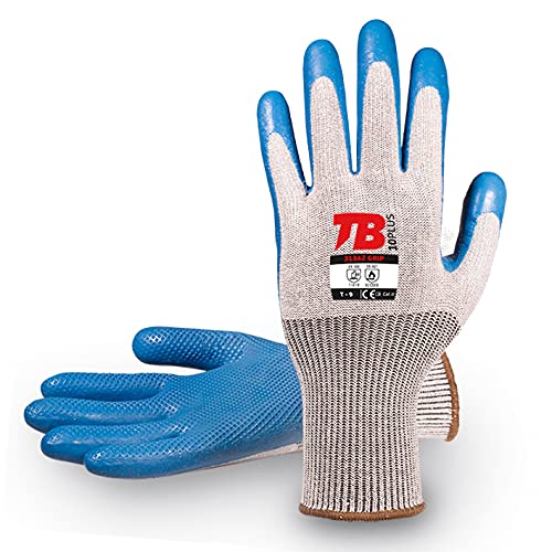 TB Guante de Protección TB 313AZ Grip | Paquete 10 Pares - Guante de Trabajo con Recubrimiento de Látex Azul, Soporte de Algodón-Poliéster y Puño Elástico. Cómodo y Transpirable - Talla 7