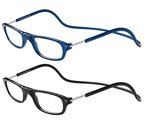 TBOC Pack: Gafas de Lectura Presbicia Vista Cansada – (Dos Unidades) Graduadas +3.00 Dioptrías Montura Azul y Negra Hombre Mujer Imantadas Plegables Lentes Aumento Leer Ver Cerca Cuello Imán