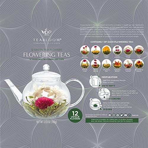 Té floral de Teabloom - 12 Variedades únicas de bolas de té de flores - Té verde atado a mano y flores comestibles - Recipiente para regalo de 12 paquetes - 36 tés, sirve para 250 tazas