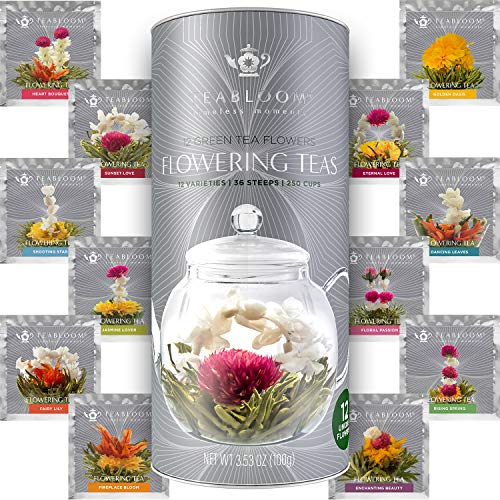 Té floral de Teabloom - 12 Variedades únicas de bolas de té de flores - Té verde atado a mano y flores comestibles - Recipiente para regalo de 12 paquetes - 36 tés, sirve para 250 tazas