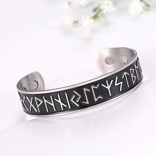 TEAMER Pulsera de terapia magnética para el cuidado de la salud, 24 runas, brazalete vikingo, acero inoxidable, plata envejecida, negro, alivio del dolor, mejor regalo para hombres