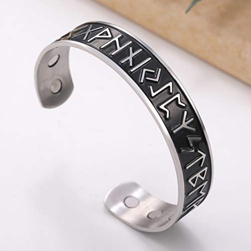 TEAMER Pulsera de terapia magnética para el cuidado de la salud, 24 runas, brazalete vikingo, acero inoxidable, plata envejecida, negro, alivio del dolor, mejor regalo para hombres