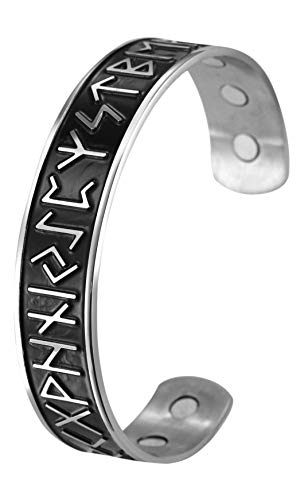 TEAMER Pulsera de terapia magnética para el cuidado de la salud, 24 runas, brazalete vikingo, acero inoxidable, plata envejecida, negro, alivio del dolor, mejor regalo para hombres