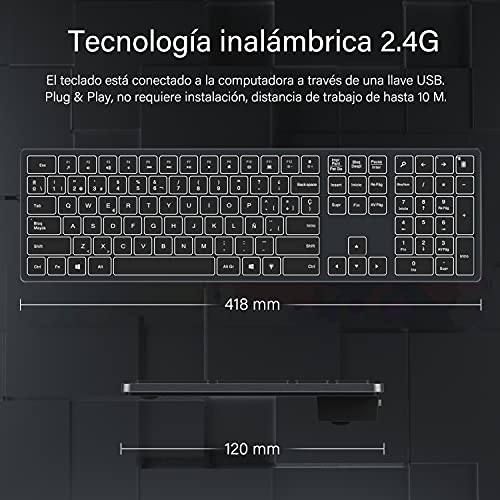 Teclado Inalámbrico Retroiluminado, Teclado Español Inalámbrico de 2,4 GHz con Receptor USB, 7 Colores de Retroiluminación, Teclado Recargable de Tamaño Completo para Ordenador Portátil, Gris