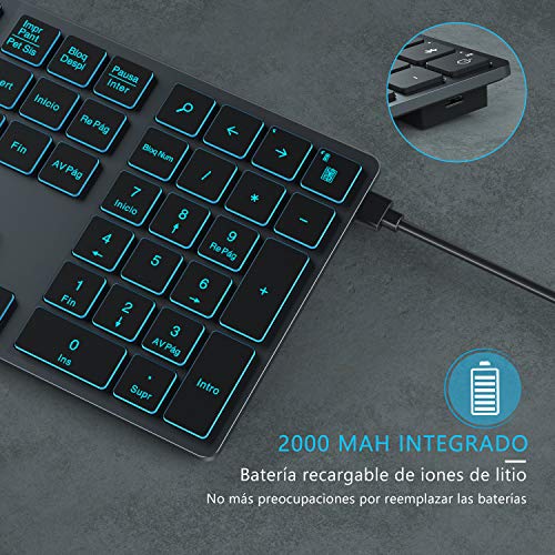 Teclado Inalámbrico Retroiluminado, Teclado Español Inalámbrico de 2,4 GHz con Receptor USB, 7 Colores de Retroiluminación, Teclado Recargable de Tamaño Completo para Ordenador Portátil, Gris