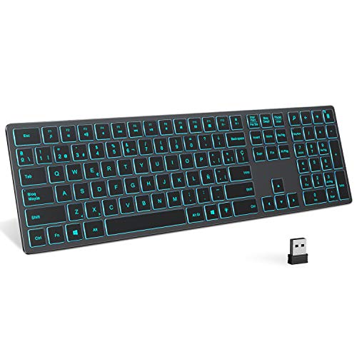 Teclado Inalámbrico Retroiluminado, Teclado Español Inalámbrico de 2,4 GHz con Receptor USB, 7 Colores de Retroiluminación, Teclado Recargable de Tamaño Completo para Ordenador Portátil, Gris