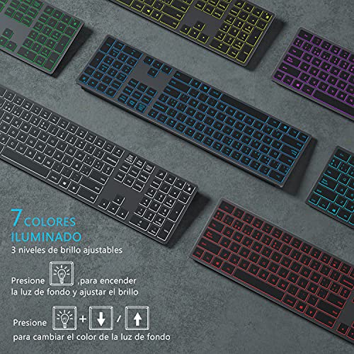 Teclado Inalámbrico Retroiluminado, Teclado Español Inalámbrico de 2,4 GHz con Receptor USB, 7 Colores de Retroiluminación, Teclado Recargable de Tamaño Completo para Ordenador Portátil, Gris