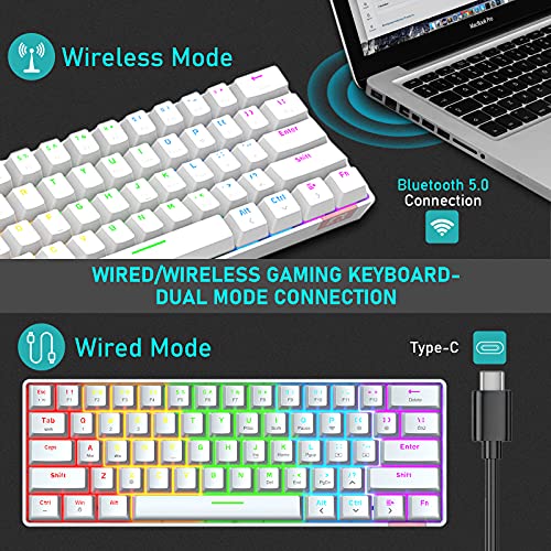 Teclado para Juegos RGB con Cable, Teclado Recargable con Cable Tipo C, Teclado mecánico de 61 Teclas programable con retroiluminación arcoíris, Bluetooth inalámbrico 5.0 (Interruptor Blanco/Rojo)