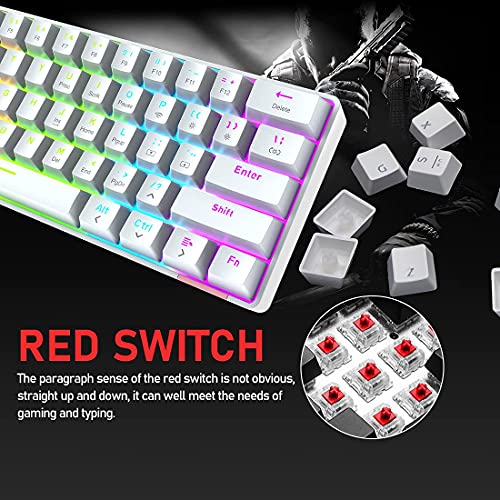 Teclado para Juegos RGB con Cable, Teclado Recargable con Cable Tipo C, Teclado mecánico de 61 Teclas programable con retroiluminación arcoíris, Bluetooth inalámbrico 5.0 (Interruptor Blanco/Rojo)