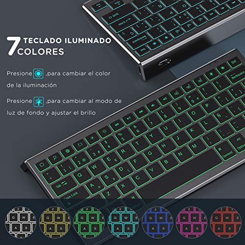 Teclado y Ratón Inalámbrico, Bluetooth Retroiluminado Español Teclado Recargable para iPad 10.2,iPad 5/6/7/8ª Generación,iPad Air 4/3/2,iPad Pro 10.5/11/12.9,iPad Mini,iPhone, Gris