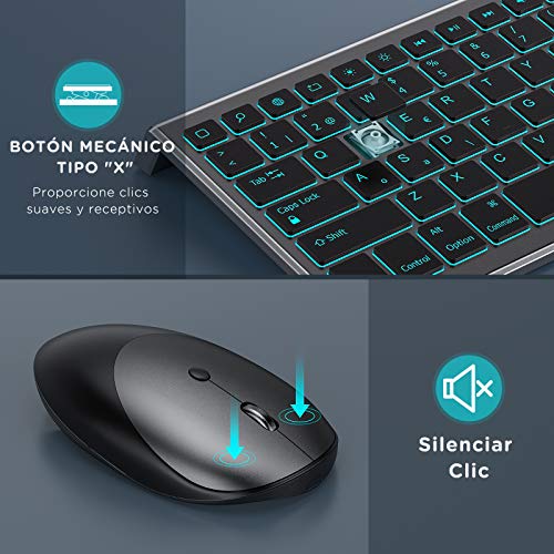 Teclado y Ratón Inalámbrico, Bluetooth Retroiluminado Español Teclado Recargable para iPad 10.2,iPad 5/6/7/8ª Generación,iPad Air 4/3/2,iPad Pro 10.5/11/12.9,iPad Mini,iPhone, Gris