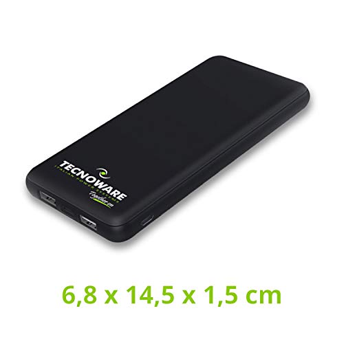 Tecnoware 10,000 mAh Cargador portátil con 2 Puertos USB - Powerbank - para teléfono Inteligente y Tableta (iPhone y Samsung) - Carga a través de Micro USB o USB-C - con indicador de batería