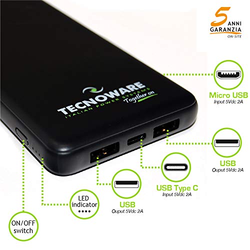 Tecnoware 10,000 mAh Cargador portátil con 2 Puertos USB - Powerbank - para teléfono Inteligente y Tableta (iPhone y Samsung) - Carga a través de Micro USB o USB-C - con indicador de batería