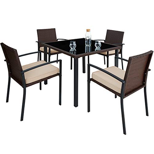 TecTake 800662 - Conjunto Muebles de Jardín Poliratán, Set 4 Sillas y 1 Mesa, Tornillos de Acero Inoxidable (Marrón | No. 403026)