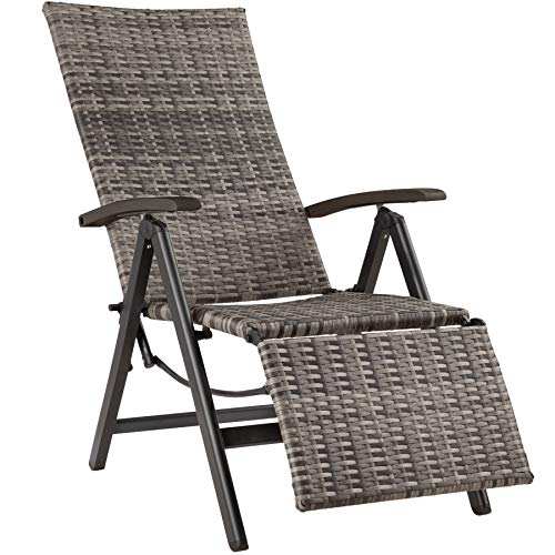 TecTake 800720 Sillón con Reposapies & Reposabrazos, Asiento Trenzado en Poliratán, Ideal Jardín Terraza Exterior Interior, 76x57,5x113 cm - Disponible en Diversos Colores (Gris | No. 403217)