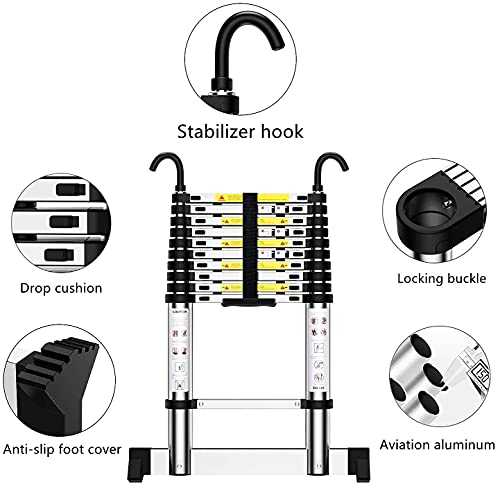 Teenza Escalera TelescóPica 2,6m, Escaleras áTico Plegables De Aluminio, Gancho Estabilizador, Carga MáXima 150kg, CertificacióN De Seguridad EN131