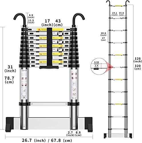 Teenza Escalera TelescóPica 3,2m, Escaleras áTico Plegables de Aluminio, Gancho Estabilizador, Carga MáXima 150kg, CertificacióN de Seguridad EN131