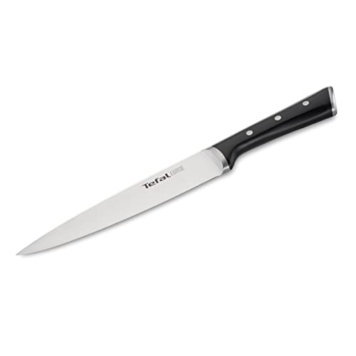 Tefal Ingenio Ice Cuchillo trinchador, acero cepillado, cuchillo de una sola pieza, mango remachado, negro, 20 cm