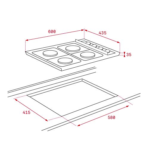 Teka | Placa de Gas butano de 50cm | 4 quemadores | parrillas esmaltadas | Acero Inoxidable | 3.5 x 60 x 43.5 cm