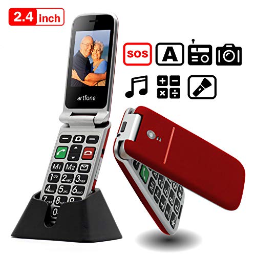 Teléfono Móvil para Personas Mayores Teclas Grandes con Tapa Pantalla de 2,4 Pulgadas Tecla de Emergencia Botón SOS Cámara Fácil de Usar para Ancianos y Base cargadora, Artfone Flip CF241A, Rojo