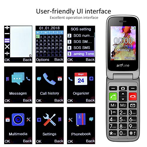 Teléfono Móvil para Personas Mayores Teclas Grandes con Tapa Pantalla de 2,4 Pulgadas Tecla de Emergencia Botón SOS Cámara Fácil de Usar para Ancianos y Base cargadora, Artfone Flip CF241A, Rojo