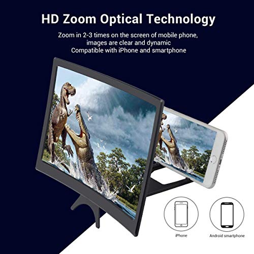 Tensphy Lupa de Pantalla de teléfono Amplificador de teléfono Inteligente con Pantalla 3D de 12"con Zoom de 3 a 4 Veces con diseño de Superficie Curva, Lupa para Todos los teléfonos Inteligentes