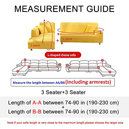 Terciopelo Elástica Funda Sofa Chaise Longue, 2 Piece Funda para Sofá En Forma De L con 2 Fundas De Almohada Súper Suave Funda De Sofá para Sala Mascotas-Amarillo-3 Plazas+3 Plazas