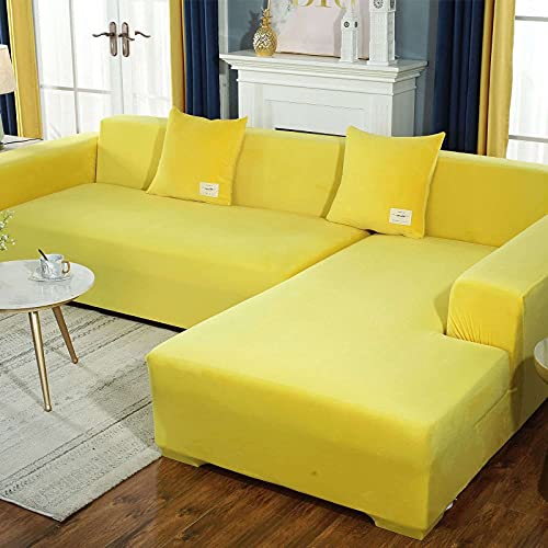 Terciopelo Elástica Funda Sofa Chaise Longue, 2 Piece Funda para Sofá En Forma De L con 2 Fundas De Almohada Súper Suave Funda De Sofá para Sala Mascotas-Amarillo-3 Plazas+3 Plazas