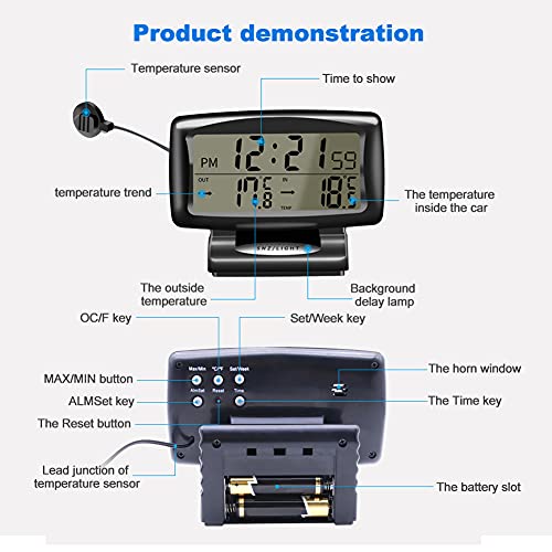 Termómetro digital para automóvil, retroiluminación Reloj digital para automóvil Reloj LCD para automóvil, Pantalla de temperatura interior y exterior