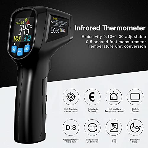 Termómetro infrarrojo, CURCONSA Pistola Temperatura Láser Digital sin Contacto, -50℃〜+600℃, con Nivel de Emisión Ajustable, Barbacoa, Coche e Industria.