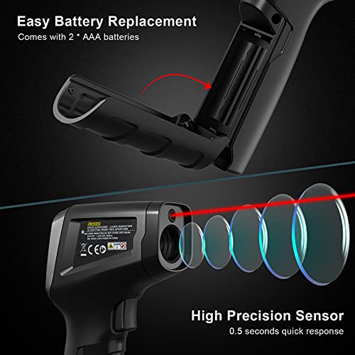 Termómetro infrarrojo, CURCONSA Pistola Temperatura Láser Digital sin Contacto, -50℃〜+600℃, con Nivel de Emisión Ajustable, Barbacoa, Coche e Industria.