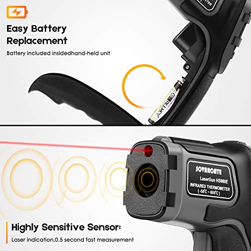 Termómetro Infrarrojo SOVARCATE Pistola de Temperatura Laser Infrarroja Fácil de Usar 58℉~1112℉ (-50℃~600℃) Emisividad Ajustable y Gran Pantalla LED Termómetro Láser de Cocina con Función de Alerta