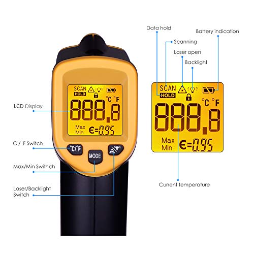 Termómetro por infrarrojos, de -20 °C a 380 °C (-4 °F a 716 °F), termómetro digital por infrarrojos para cocina/barbacoa/congelador/industrial (no apto para humanos)