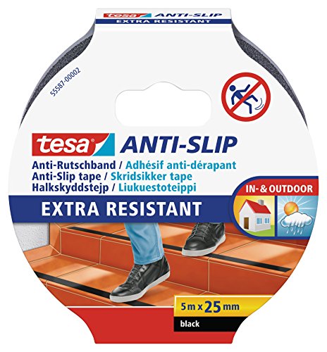 tesa Cinta Antideslizante , Cinta Adhesiva Antideslizante para Interiores y Exteriores , adecuado para Escalones, Rampas y Suelos Resbaladizos , Negro , 5 m x 25 mm