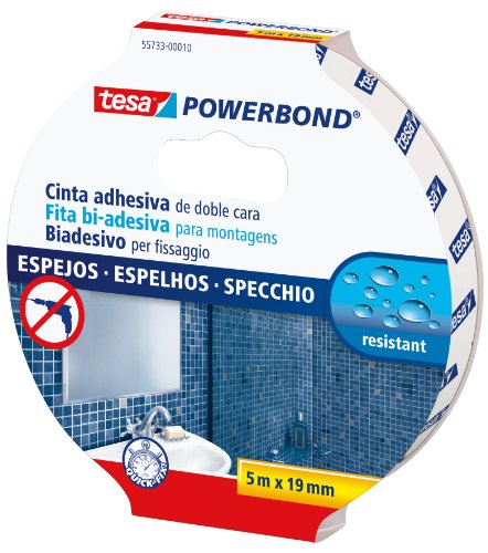 tesa Powerbond Cinta Doble Cara ESPEJOS , Cinta Doble Cara para Espejos , Cinta Adhesiva Resistente a la Humedad para Baños y Duchas , 5 m x 19 mm