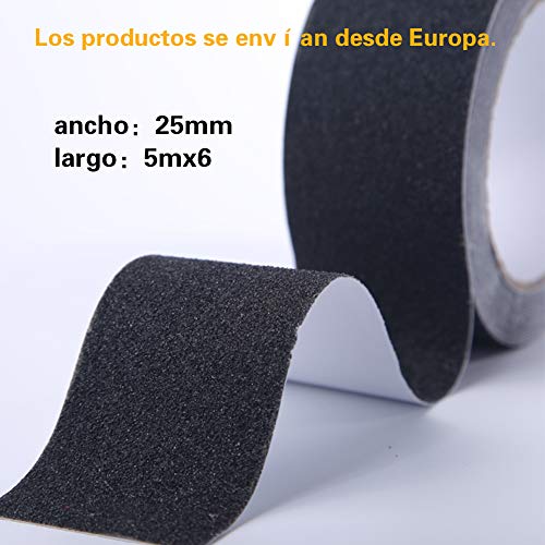 Tesosy 25MM x 30M Antideslizante Cinta Adhesiva, Cinta de Seguridad de Alta Tracción, No Deja Residuos Adhesivos Fácilmente, Cinta Adhesiva de Agarre para Interiores y Exteriores, Negro (5M X 6Uds)