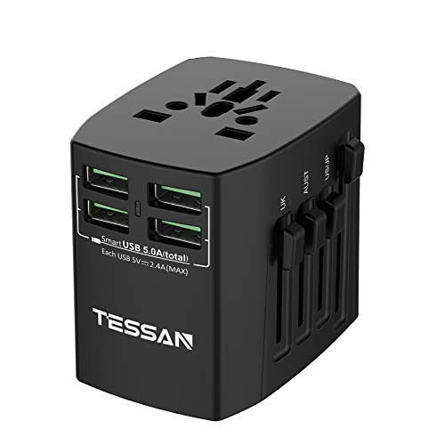 TESSAN Adaptador Universal Enchufes, Enchufe Universal con 4 USB, Internacional Adaptador para Viaje EU, Reino Unido, Americano, Canadá, Australia y Otros países