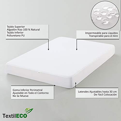 TextilECO 2 Protectores de Colchon. Cubre Colchon Rizo. Funda Colchon con Goma Elastica. Transpirable Impermeable Antiacaros. Microrizo. 2 Unidades Cama 90 x 190/200 cm