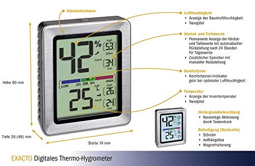 TFA Dostmann Exacto 30.5047.54 Termómetro, higrómetro digital, humedad, temperatura, clima saludable residencial, especialmente preciso con sensor de precisión