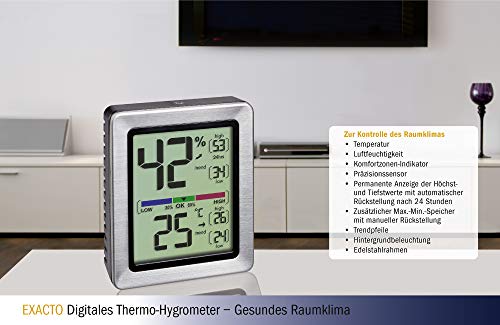 TFA Dostmann Exacto 30.5047.54 Termómetro, higrómetro digital, humedad, temperatura, clima saludable residencial, especialmente preciso con sensor de precisión