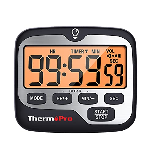 ThermoPro TM01 Temporizador de Cocina Digital con Cuenta Regresiva y Cronómetro Reloj Temporizador Magnético con Alarma Sonora Ajustable y Pantalla LCD Gran Retroiluminación