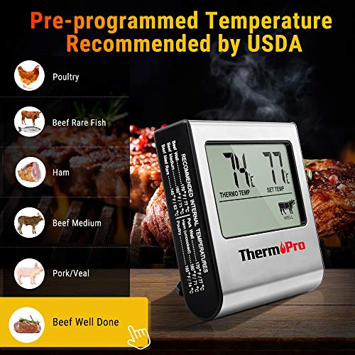 ThermoPro TP16 Termómetro digital de Cocina Carne Alimento para Barbacoa Horno Leche Parrilla con Temporizador y Alarma, la Sonda de Acero inoxidable