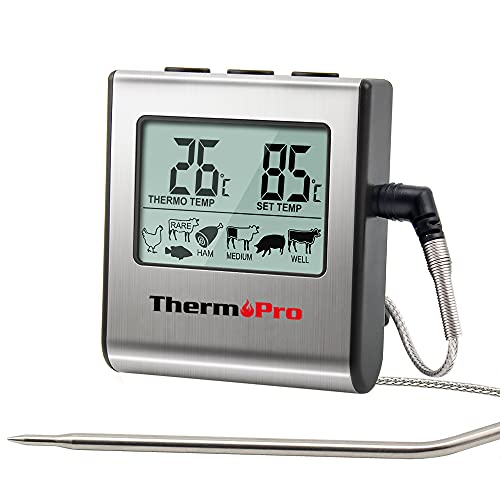 ThermoPro TP16 Termómetro digital de Cocina Carne Alimento para Barbacoa Horno Leche Parrilla con Temporizador y Alarma, la Sonda de Acero inoxidable