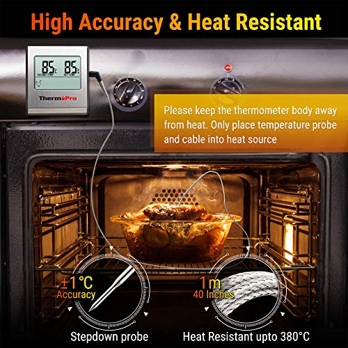 ThermoPro TP16 Termómetro digital de Cocina Carne Alimento para Barbacoa Horno Leche Parrilla con Temporizador y Alarma, la Sonda de Acero inoxidable